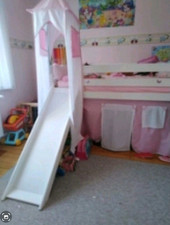 Hochbett Kinderbett Kinder Bett mit Turm und Rutsche + Vorhang