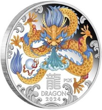 1 Oz Unze Silbermünze Australien - Lunar III Drache 2024 Dragon orange farbig