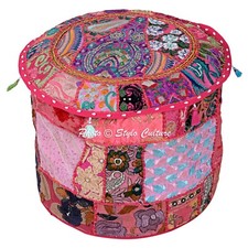 Hippie Gypsy Pouf Ottomane Vintage Patchwork Hocker Bezug Rund Ethno Dekor