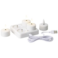 LED Teelichter weiß  mit Ladeplatte – 4er Set, wiederaufladbar, warmweiß 