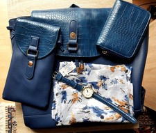 5-teiliges Set: Schultertasche, Geldbörse, Handy-Tasche, Quarzuhr, Halstuch