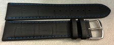20mm Auguste Raymon Uhrenarmband Leder schwarz m. Blauer Naht Schließe ohne Logo