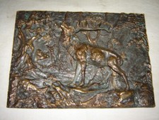 alte Bronze Wandplatte plastischer Hirsch mit Waldszene Rehe, 3796Gramm