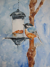 Orig.Aquarell "Am Futterhaus-Meise" PK 14,8x10,6 cm, Vogel, Tier, Garten