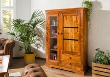 kolonialstil Vitrine hell Highboard Schrank Vitrinenschrank Akazie Holz massiv