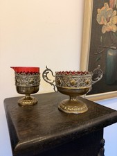 Antike Jugendstil Zuckerschale Zuckerdose mit Milchkännchen roter Glaseinsatz