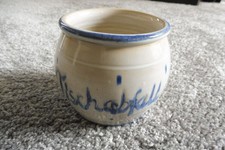Tontopf mit Aufschrift "Tischabfall", grau, blau, Handarbeit, gebraucht