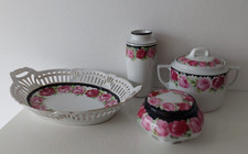 4 Teile alte Porzellan Rosendekor  Durchbruchschale Zuckerdose Vase