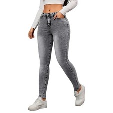 Jeans Damen High Waist Stretch Röhrjeans Jeanshose Slim Fit Grau Used Look S-XL