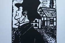 Linolschnitt „Heinrich Vogeler und das Bienenhaus“, original signiert T. Ehmke