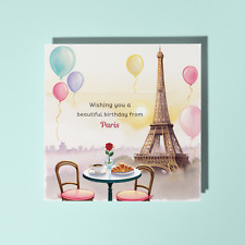 Handgefertigte Happy Birthday-Karte Eiffelturm im Morgengrauen hoch stehend & weißer Umschlag