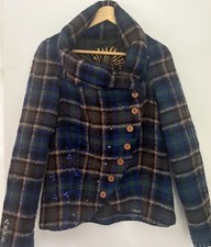 Desigual Damen Gr. S-M Blau Wolle Kariert Langärmelig Einreihige Jacke