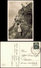 Kinder Künstlerkarte Junge zieht Puppenwagen den Berg hinauf 1937