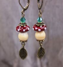 Fliegenpilz Dunkelrot Ohrringe Ohrhänger Perlen Herbst Lampwork Bronze #I032