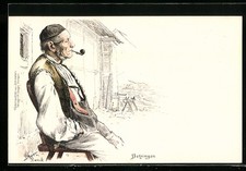 Künstler-AK Planck: Betzingen, Volkstrachten aus Schwaben, ein alter Bauer mit  