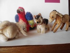 4 Steiff Tiere (1968-1971), Floppy, Papagei, Hund, Esel