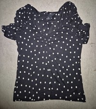 H&M-Damen-Bluse-Schwarz Weiße Punkte-Kurzarm-V-Ausschnitt-Größe M