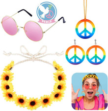 Hippie Accessoires Kit,  Hippie Brille Retro Runde Rosa Sonnenbrille, Regenbogen