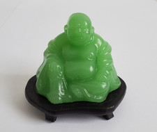 Alte Jade Buddha Figur mit Holzuntersetzer, Buddhismus, Japan, China, Asiatika