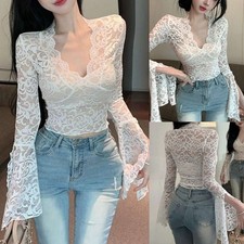 Tief ausgeschnittene Langarm V-Ausschnitt Bluse Pendeln Wind festes Muster Nylon Stoff