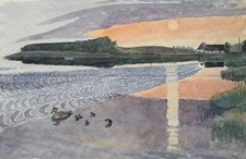 Aquarell Karl Adser 1912-1995 Impressionist Ufer Küste mit Entenfamilie