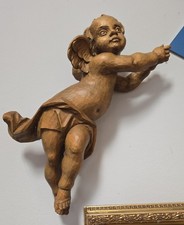 Alte Rar Holzfigur Holzschnitzerei Wandengel Engel Putte Schwebende Putto 34 Cm