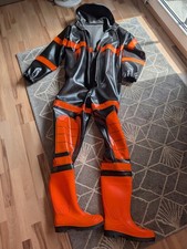 Regenanzug Rainsuit PVC Wadersuit Gummistiefel Regenoverall schwarz orange
