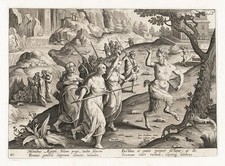Faun Satyr hunting Pan-Flöte Jagd Stradanus Venationes Ferarum engraving 1578