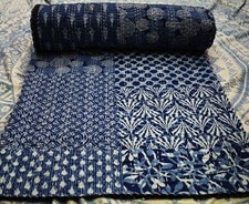 Indische Kantha Blau Quilt Handarbeit Patchwork Wende Tagesdecke Überwurf Decke