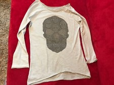 JOLINA DALLAS Made in Italy! Langarmshirt. Gr. Ca. 36/38 beige Glitzer Totenkopf
