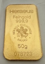 50 Gramm Goldbarren - 999,9 Gold - Heraeus - graviert
