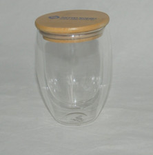 Doppelwandige Isolierglas-Kaffee- Teetasse aus Glas - mit Holzdeckel und Werbung