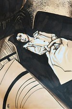 Künstler Zeichnung signiert Tusche Araki 1980er Midori Frau auf Diwan Unikat