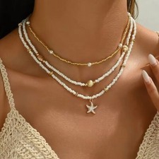 Damen Halskette 3er Set Perlenkette Surfer Schmuck Perlen Boho Muschel Kette