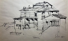 „Bauernhaus“, Toskana, Heinrich G. Noé 1985 Rohrfederzeichnung, 38x25cm