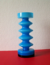 60er / 70er Jh. PopArt Glasvase opakweiß blau überf.  / Friedrich Glas / H 19 cm