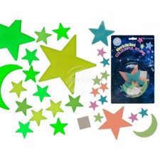 Fluoreszierende Sterne + Mond XL nachleuchtend Klebepunkte Deko Wand Tattoo F07