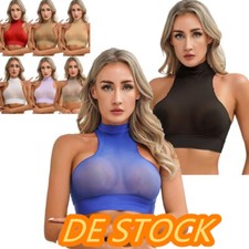 DE Damen Oberteil Sexy Shirt Durchsichtig Crop Top Elastisch Weste Mock Neck 