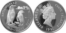 COOK Islands Silbermünze 50 Dollars 1991 BRILLENPINGUINE, Bedrohte Tierwelt