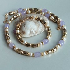 ✨balirena HALSKETTE+ARMBAND Chalcedon lavendel Mallorca Perlen creme-weiß Hämati