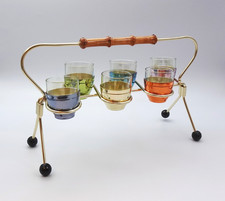 DDR - 6 Schnapsgläser farbiger Metalleinsatz + Gestell - 50/60er Jahre - Vintage