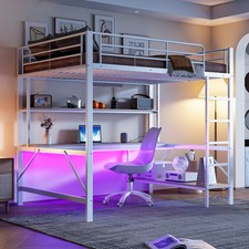 Hochbett Eisenbett Kinderbett Jugendbett 140x200cm mit Schreibtisch & Regal Weiß