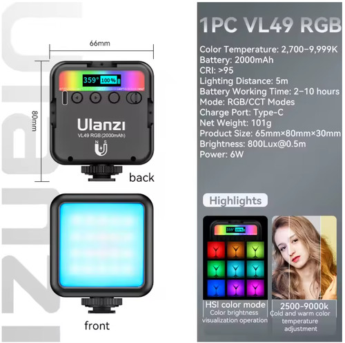 Ulanzi vl49 mini rgb led - vl49,