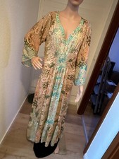 Maxi-Boho-Hippie-Ibiza-India-Sommerkleid zarte Farben Goldschimmer Volant M-L