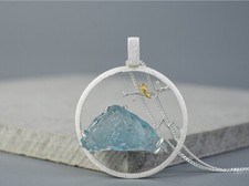 D15 Anhänger Vogel in Landschaft Berg aus Aquamarin 925 Sterlingsilber 