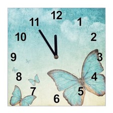 banjado Wanduhr aus Glas 30x30cm Glasuhr geräuscharm Uhr Blaue Schmetterlinge