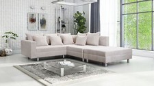 Wohnlandschaft Sofa Couch Ecksofa Eckcouch Cordstoff beige + Hocker Minsk R