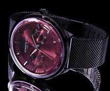 Kenneth Cole New York Herren Mesh Armband Uhr Schwarz Wein rot  Tag Datum