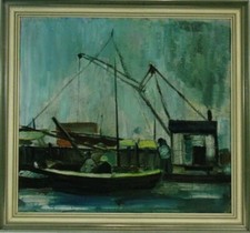 Norddeutsche Künstler G E Baumann Hafen mit Boot und Lastkahn Ölgemälde