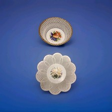 2×Cluj Napoca Durchbruch Schale mit Blumendekor & Goldrand | Made in Romania